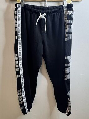 PINK Victoria's Secret Sequin Black Jogger Pants with Silver Waistband Detail
